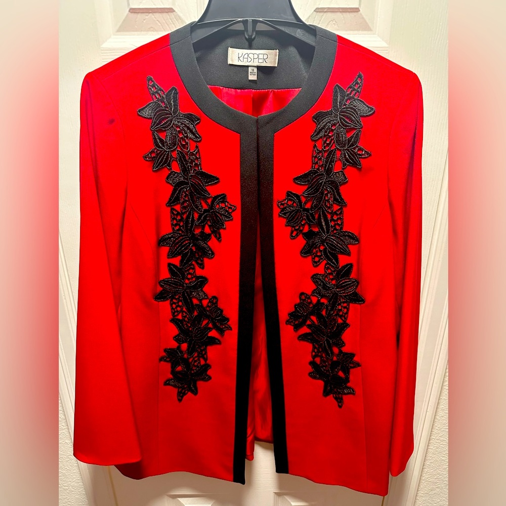 Red Kasper jacket with black lace floral embellishments